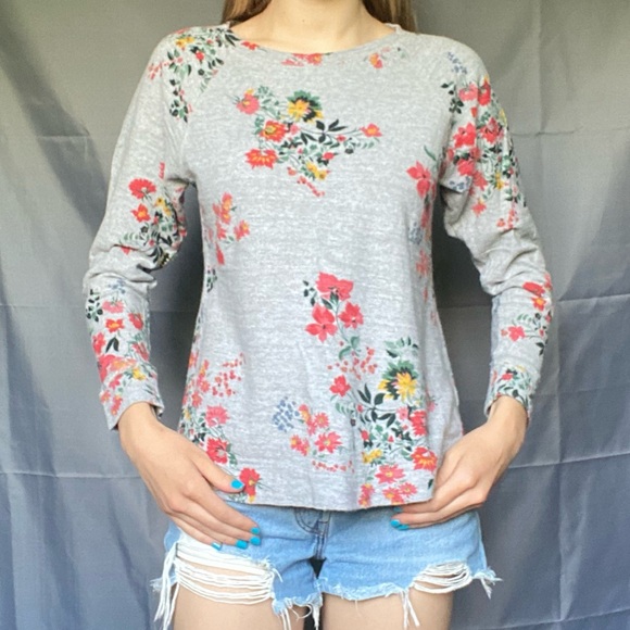 Loft Medium Floral Grey Crewneck Sweater 100% Cotton - Picture 3 of 7